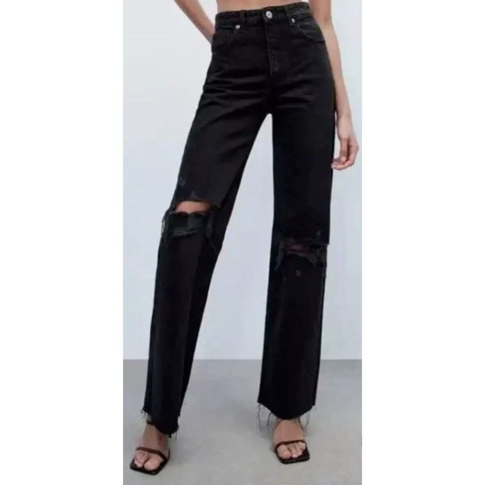 Zara Womens‎ Premium 90s Full Length High Rise Distressed Hem Jeans Size 2